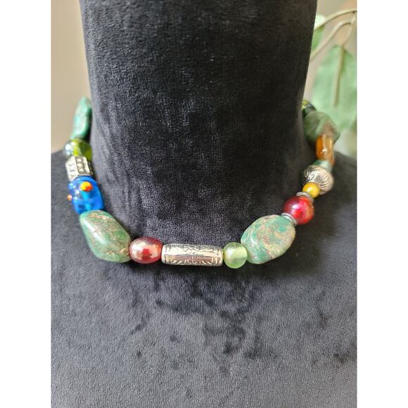 Womens Gold Statement Necklace With Multicolor Beaded Clusters And Lobster Clasp - Picture 1 of 6